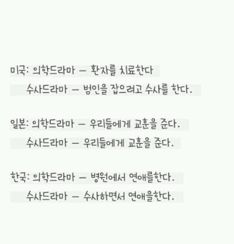 미국 일본 한국의 드라마 내용의 차이